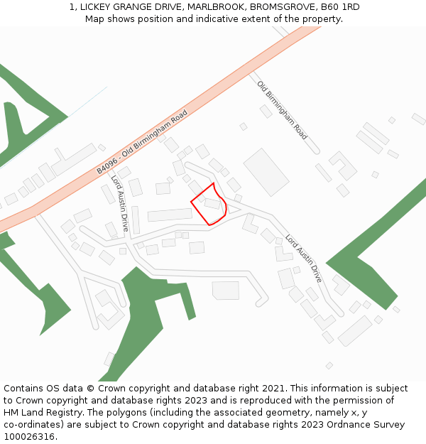 1, LICKEY GRANGE DRIVE, MARLBROOK, BROMSGROVE, B60 1RD: Location map and indicative extent of plot