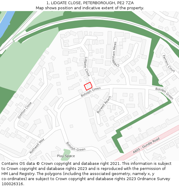 1, LIDGATE CLOSE, PETERBOROUGH, PE2 7ZA: Location map and indicative extent of plot