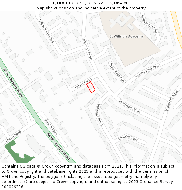 1, LIDGET CLOSE, DONCASTER, DN4 6EE: Location map and indicative extent of plot