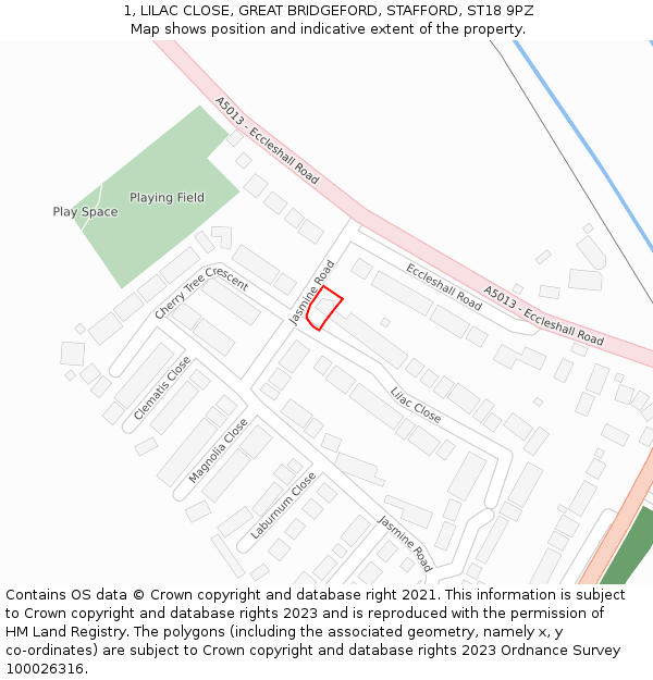 1, LILAC CLOSE, GREAT BRIDGEFORD, STAFFORD, ST18 9PZ: Location map and indicative extent of plot