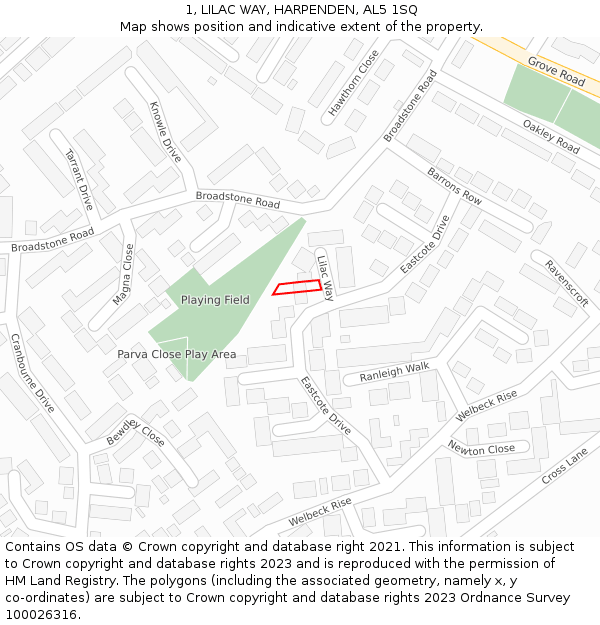 1, LILAC WAY, HARPENDEN, AL5 1SQ: Location map and indicative extent of plot