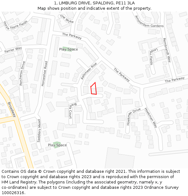 1, LIMBURG DRIVE, SPALDING, PE11 3LA: Location map and indicative extent of plot