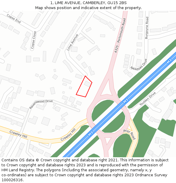 1, LIME AVENUE, CAMBERLEY, GU15 2BS: Location map and indicative extent of plot