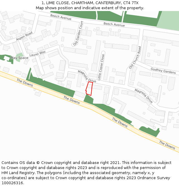 1, LIME CLOSE, CHARTHAM, CANTERBURY, CT4 7TX: Location map and indicative extent of plot