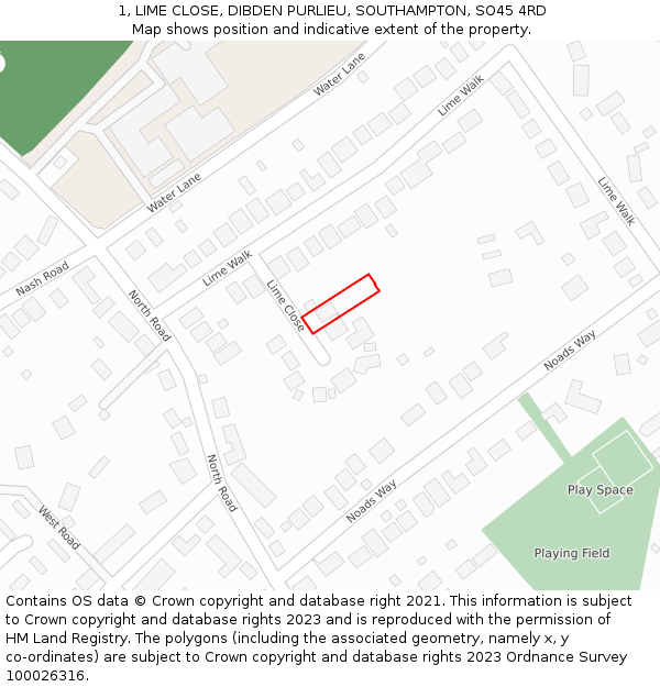 1, LIME CLOSE, DIBDEN PURLIEU, SOUTHAMPTON, SO45 4RD: Location map and indicative extent of plot