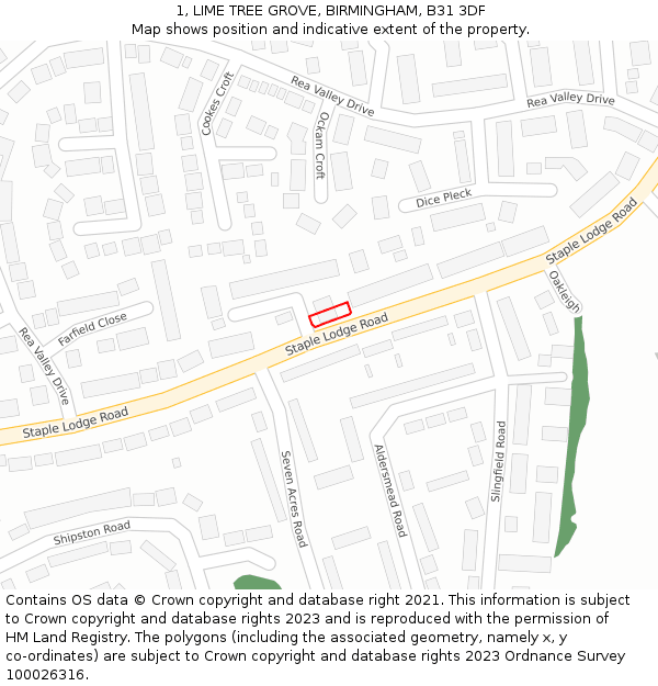 1, LIME TREE GROVE, BIRMINGHAM, B31 3DF: Location map and indicative extent of plot