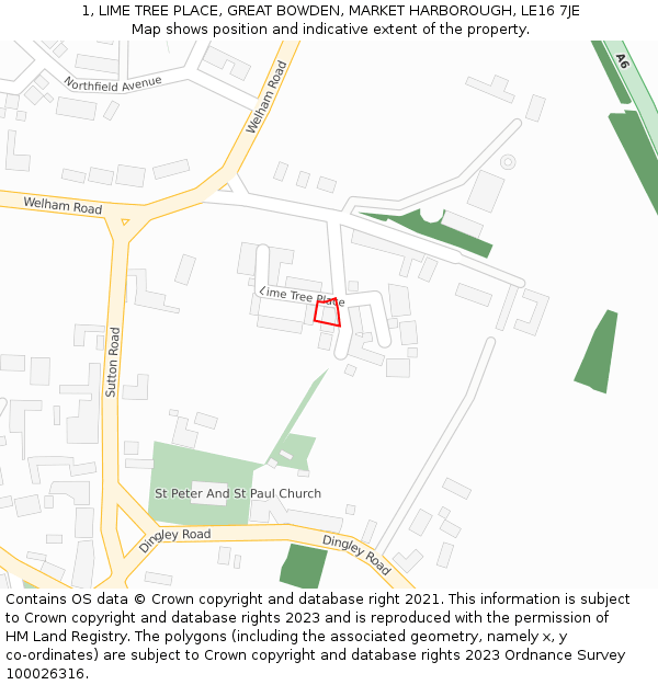 1, LIME TREE PLACE, GREAT BOWDEN, MARKET HARBOROUGH, LE16 7JE: Location map and indicative extent of plot