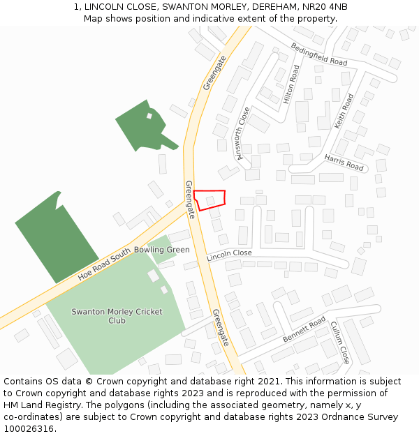 1, LINCOLN CLOSE, SWANTON MORLEY, DEREHAM, NR20 4NB: Location map and indicative extent of plot