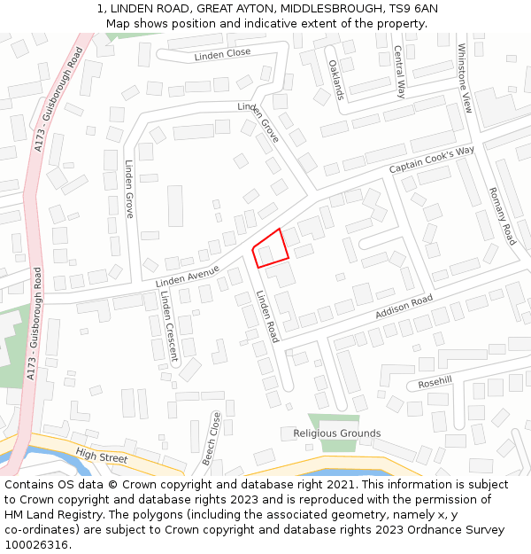 1, LINDEN ROAD, GREAT AYTON, MIDDLESBROUGH, TS9 6AN: Location map and indicative extent of plot