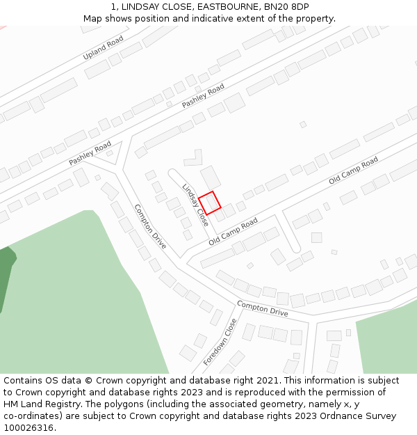 1, LINDSAY CLOSE, EASTBOURNE, BN20 8DP: Location map and indicative extent of plot