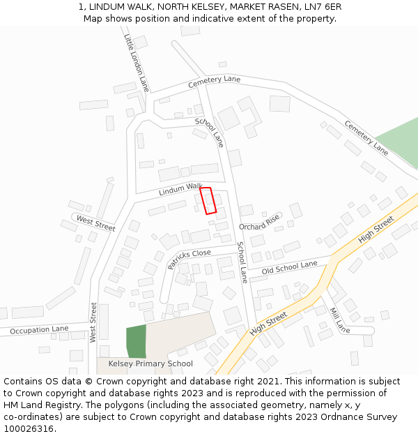 1, LINDUM WALK, NORTH KELSEY, MARKET RASEN, LN7 6ER: Location map and indicative extent of plot