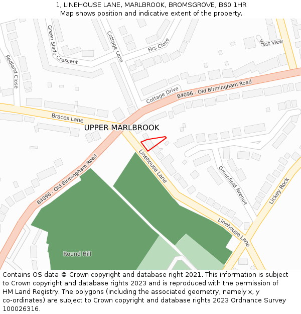 1, LINEHOUSE LANE, MARLBROOK, BROMSGROVE, B60 1HR: Location map and indicative extent of plot