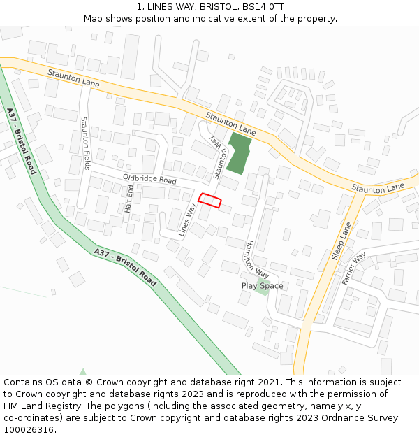 1, LINES WAY, BRISTOL, BS14 0TT: Location map and indicative extent of plot