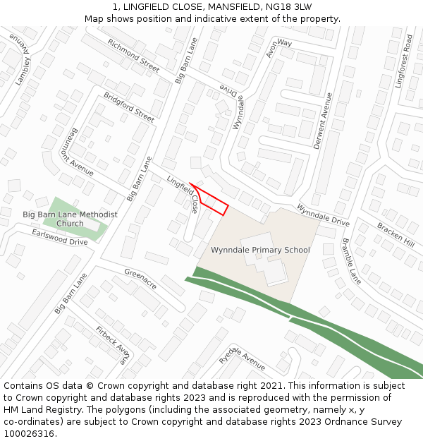 1, LINGFIELD CLOSE, MANSFIELD, NG18 3LW: Location map and indicative extent of plot