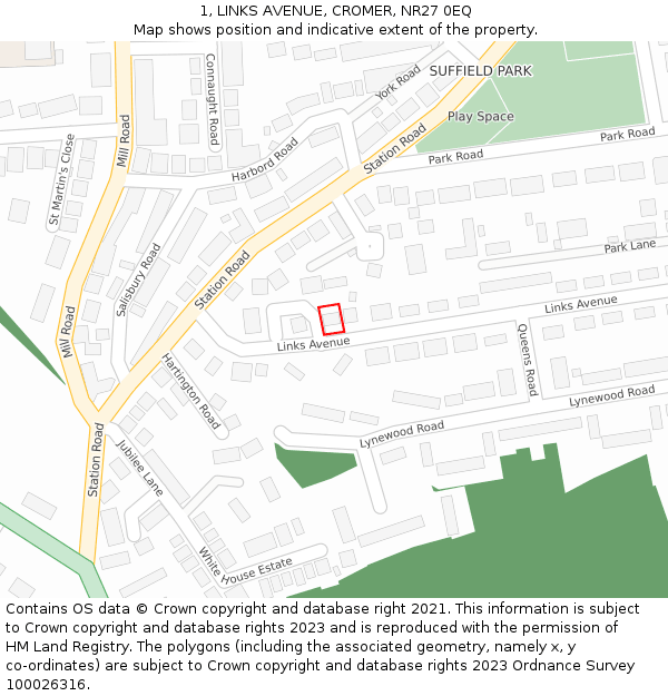 1, LINKS AVENUE, CROMER, NR27 0EQ: Location map and indicative extent of plot