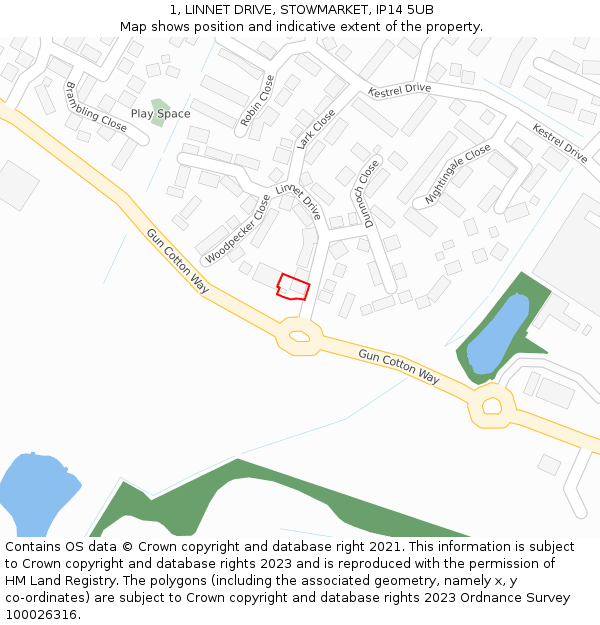1, LINNET DRIVE, STOWMARKET, IP14 5UB: Location map and indicative extent of plot