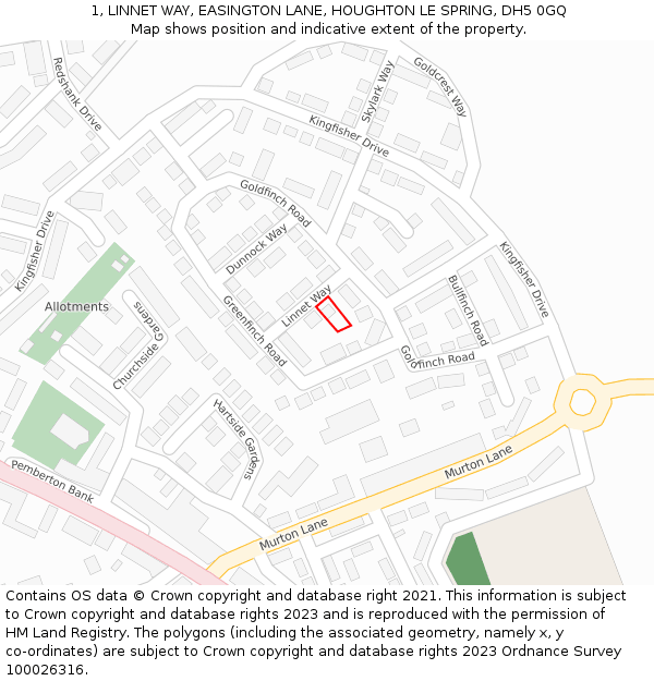 1, LINNET WAY, EASINGTON LANE, HOUGHTON LE SPRING, DH5 0GQ: Location map and indicative extent of plot