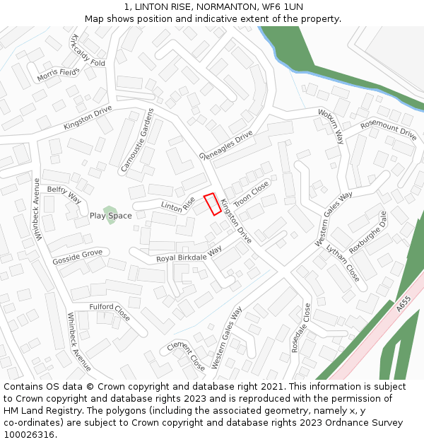 1, LINTON RISE, NORMANTON, WF6 1UN: Location map and indicative extent of plot