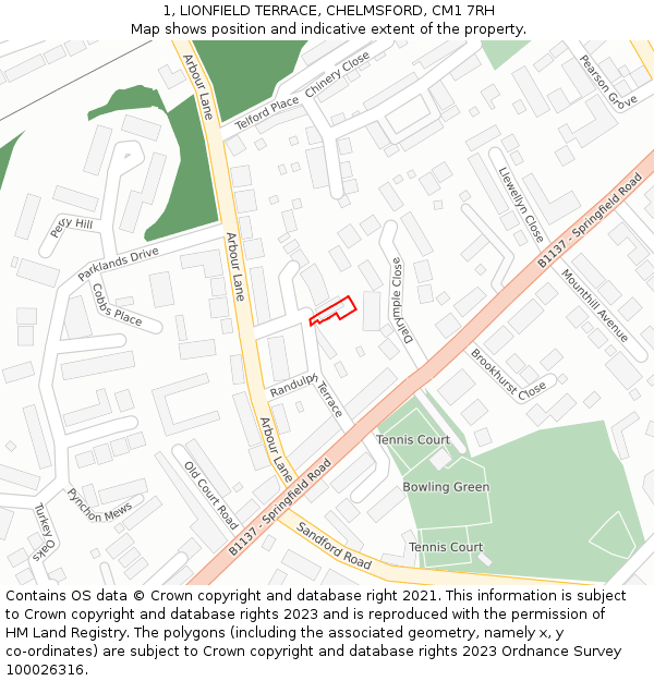 1, LIONFIELD TERRACE, CHELMSFORD, CM1 7RH: Location map and indicative extent of plot