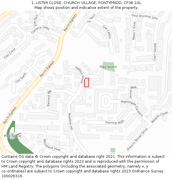 1, LISTER CLOSE, CHURCH VILLAGE, PONTYPRIDD, CF38 1GL: Location map and indicative extent of plot