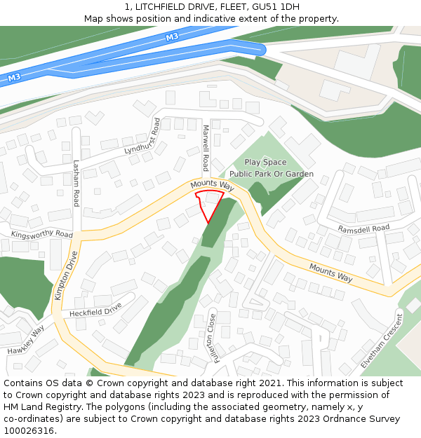 1, LITCHFIELD DRIVE, FLEET, GU51 1DH: Location map and indicative extent of plot