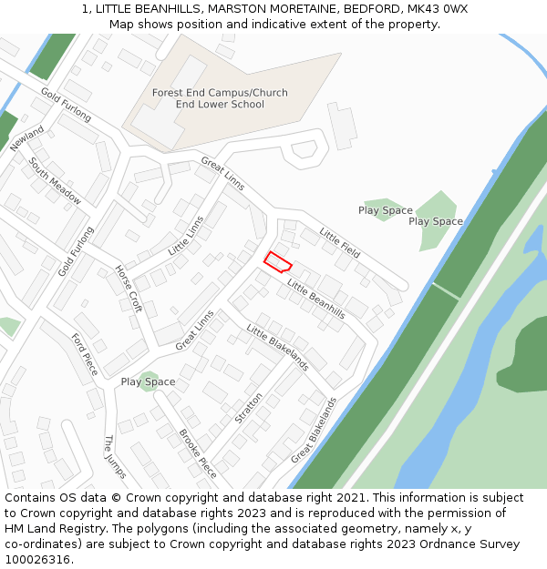 1, LITTLE BEANHILLS, MARSTON MORETAINE, BEDFORD, MK43 0WX: Location map and indicative extent of plot