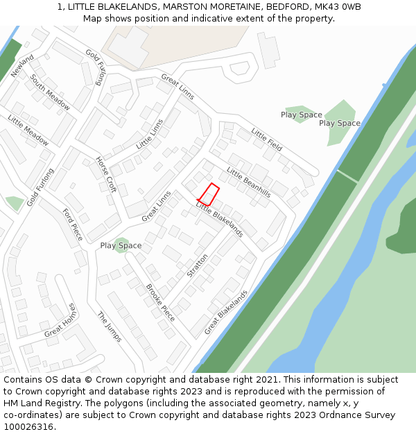 1, LITTLE BLAKELANDS, MARSTON MORETAINE, BEDFORD, MK43 0WB: Location map and indicative extent of plot