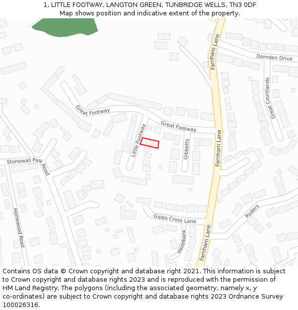 1, LITTLE FOOTWAY, LANGTON GREEN, TUNBRIDGE WELLS, TN3 0DF: Location map and indicative extent of plot