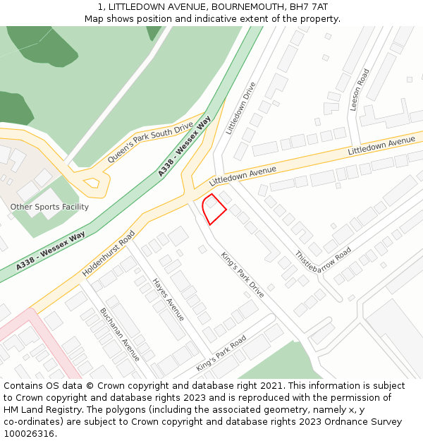 1, LITTLEDOWN AVENUE, BOURNEMOUTH, BH7 7AT: Location map and indicative extent of plot