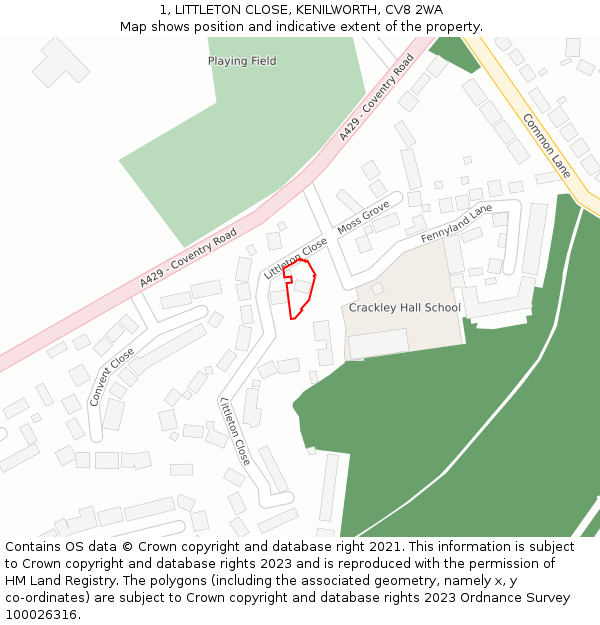 1, LITTLETON CLOSE, KENILWORTH, CV8 2WA: Location map and indicative extent of plot