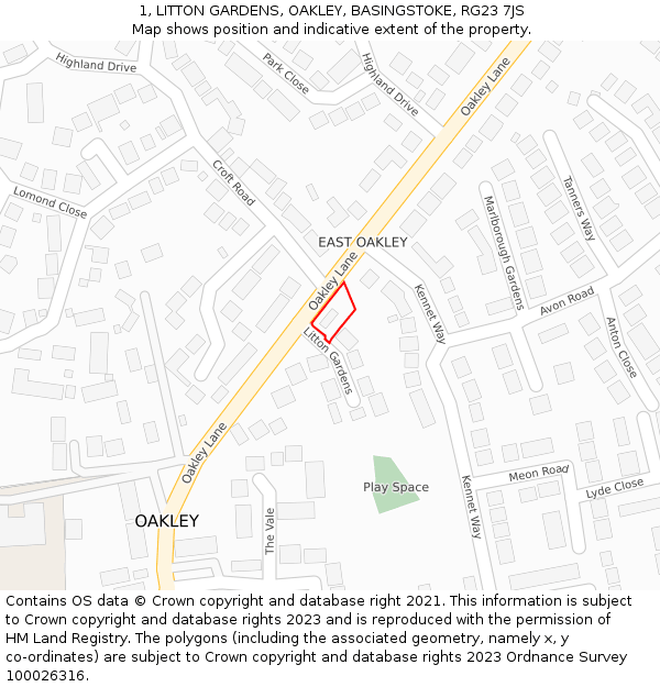 1, LITTON GARDENS, OAKLEY, BASINGSTOKE, RG23 7JS: Location map and indicative extent of plot