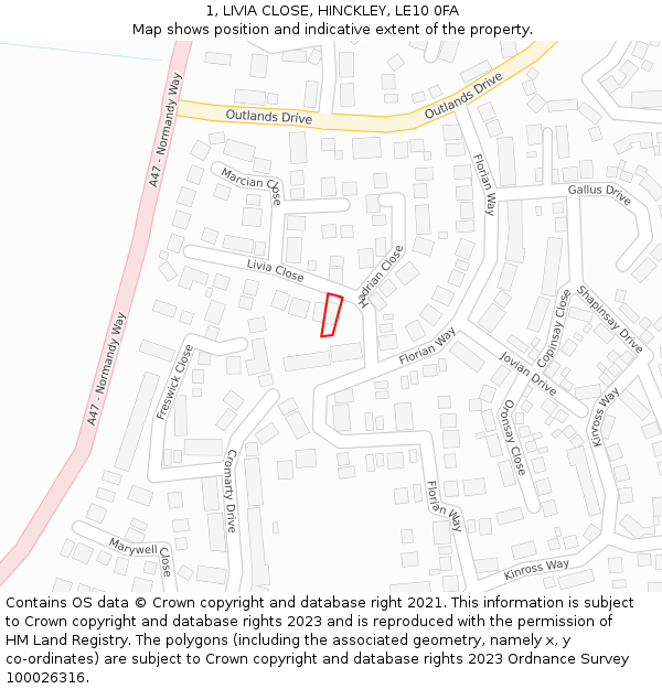 1, LIVIA CLOSE, HINCKLEY, LE10 0FA: Location map and indicative extent of plot