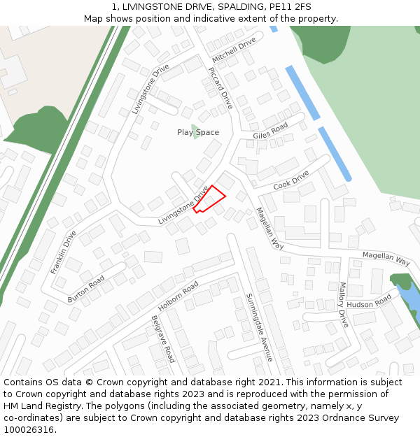 1, LIVINGSTONE DRIVE, SPALDING, PE11 2FS: Location map and indicative extent of plot