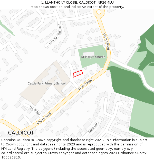 1, LLANTHONY CLOSE, CALDICOT, NP26 4LU: Location map and indicative extent of plot