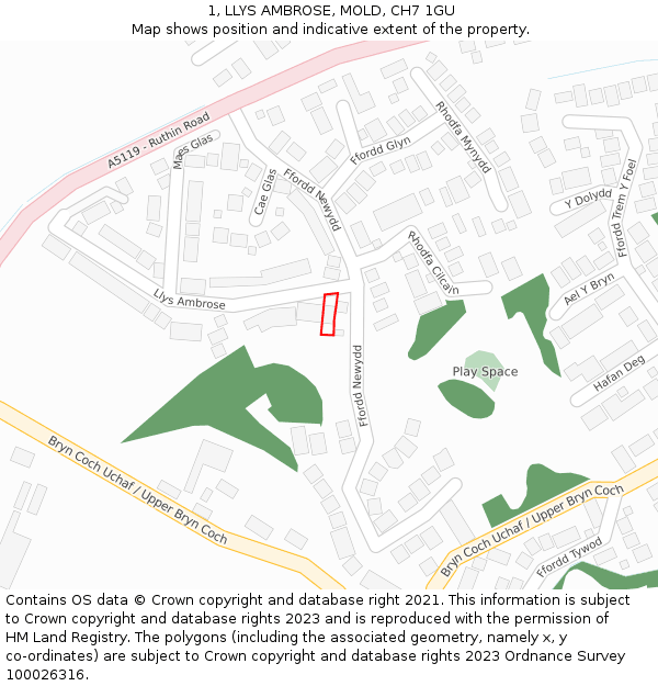 1, LLYS AMBROSE, MOLD, CH7 1GU: Location map and indicative extent of plot