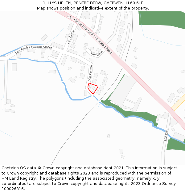 1, LLYS HELEN, PENTRE BERW, GAERWEN, LL60 6LE: Location map and indicative extent of plot