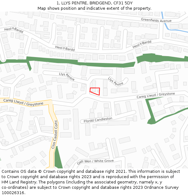 1, LLYS PENTRE, BRIDGEND, CF31 5DY: Location map and indicative extent of plot