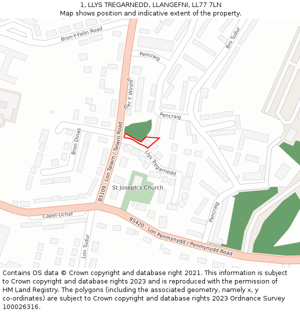 1, LLYS TREGARNEDD, LLANGEFNI, LL77 7LN: Location map and indicative extent of plot