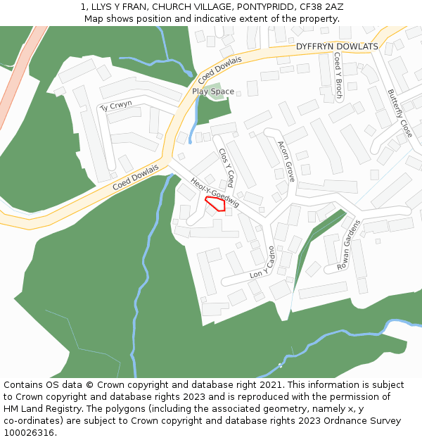 1, LLYS Y FRAN, CHURCH VILLAGE, PONTYPRIDD, CF38 2AZ: Location map and indicative extent of plot