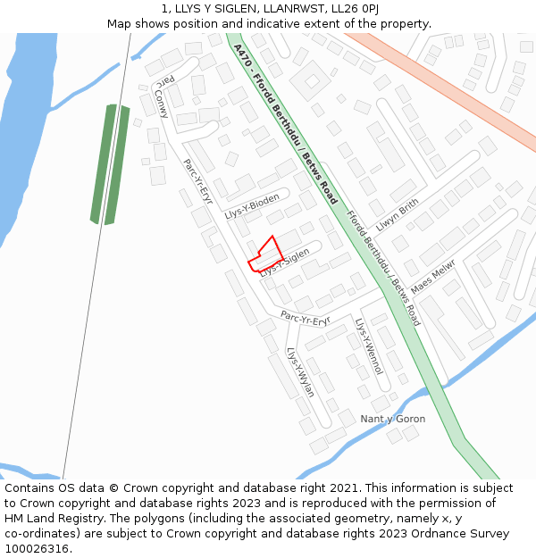 1, LLYS Y SIGLEN, LLANRWST, LL26 0PJ: Location map and indicative extent of plot