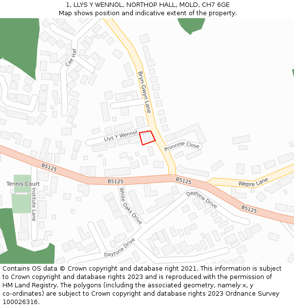 1, LLYS Y WENNOL, NORTHOP HALL, MOLD, CH7 6GE: Location map and indicative extent of plot