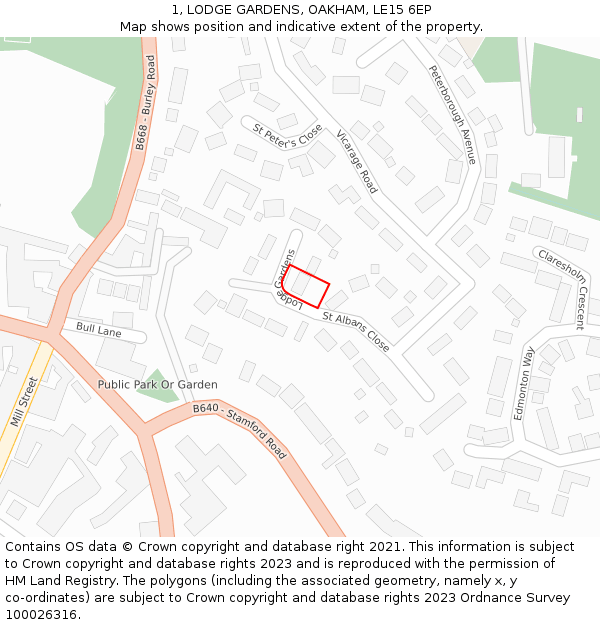 1, LODGE GARDENS, OAKHAM, LE15 6EP: Location map and indicative extent of plot