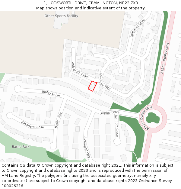 1, LODSWORTH DRIVE, CRAMLINGTON, NE23 7XR: Location map and indicative extent of plot