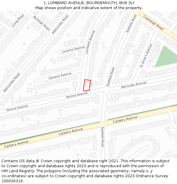 1, LOMBARD AVENUE, BOURNEMOUTH, BH6 3LY: Location map and indicative extent of plot