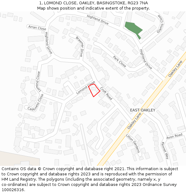 1, LOMOND CLOSE, OAKLEY, BASINGSTOKE, RG23 7NA: Location map and indicative extent of plot