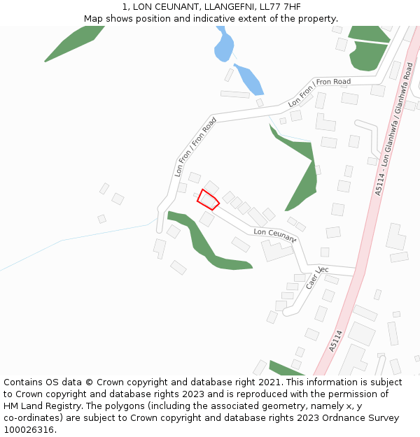1, LON CEUNANT, LLANGEFNI, LL77 7HF: Location map and indicative extent of plot