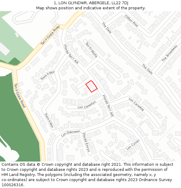 1, LON GLYNDWR, ABERGELE, LL22 7DJ: Location map and indicative extent of plot