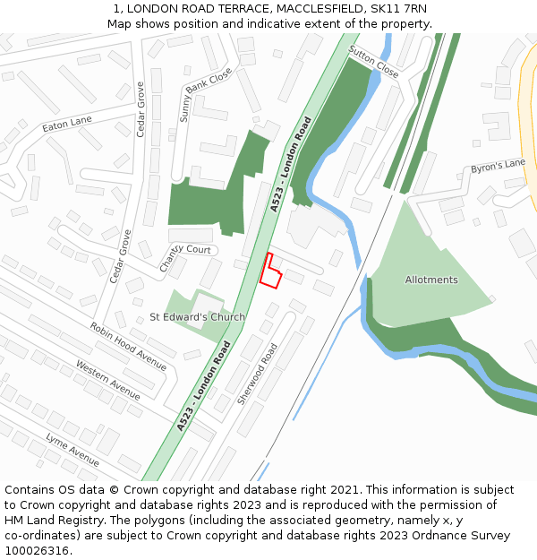 1, LONDON ROAD TERRACE, MACCLESFIELD, SK11 7RN: Location map and indicative extent of plot