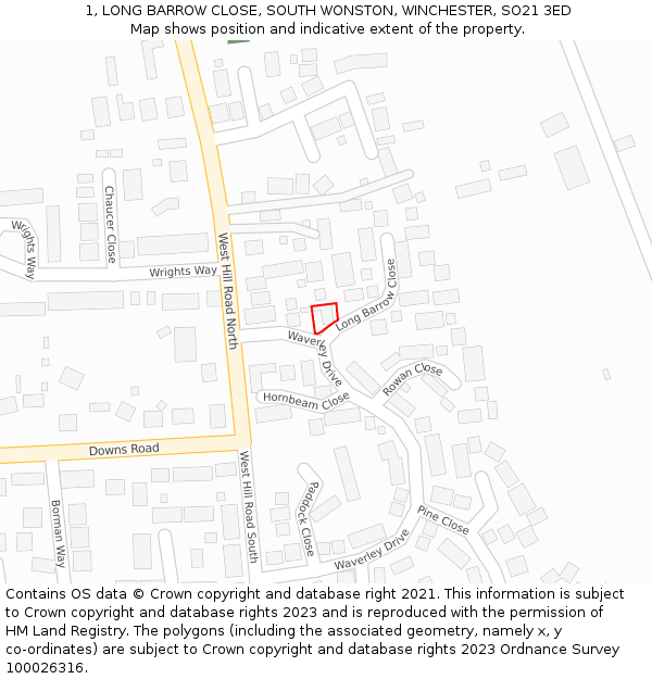 1, LONG BARROW CLOSE, SOUTH WONSTON, WINCHESTER, SO21 3ED: Location map and indicative extent of plot