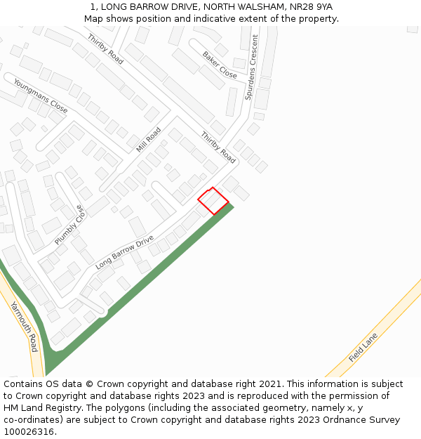 1, LONG BARROW DRIVE, NORTH WALSHAM, NR28 9YA: Location map and indicative extent of plot